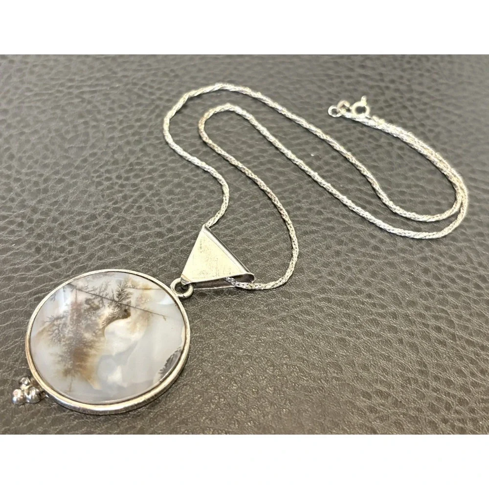 VTG Large Artisan Sterling Silver Moss Picture Agate Modernist Pendant 925 Chain